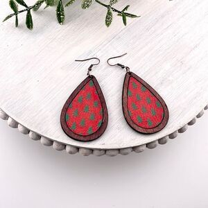 Wood and Vegan Leather Red with Green Christmas Trees Teardrop Earrings